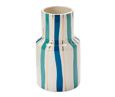 9.1" Blue & Gold Stripe Ceramic Vase