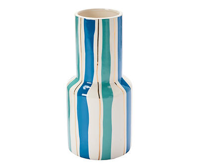 11.1" Blue & Gold Stripe Ceramic Vase