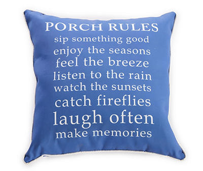 "Porch Rules" Blue & White Outdoor Throw Pillow