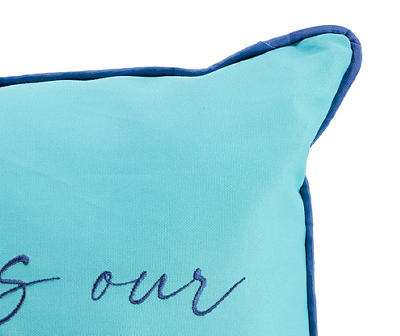 "Outside Is Our Happy Place" Blue & White Outdoor Lumbar Throw Pillow