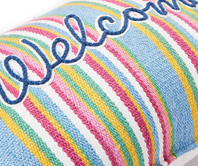 "Welcome" Multi-Color Stripe Outdoor Lumbar Throw Pillow