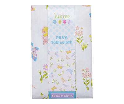 White & Pastel Butterfly & Floral Plastic Tablecloth, (52" x 120")