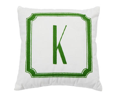 "K" White & Green Border Monogram Throw Pillow