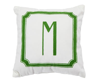 "M" White & Green Border Monogram Throw Pillow