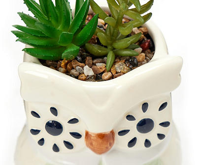 Artificial Succulents in White Owl Ceramic Planter