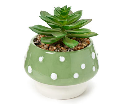 Artificial Succulent in Green & White Polka Dot Mushroom Ceramic Planter