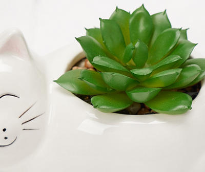 Artificial Succulent in White Cat Ceramic Planter