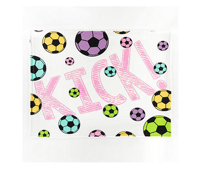 "Kick!" White & Pink Soccer Sherpa Throw, (50" x 60")