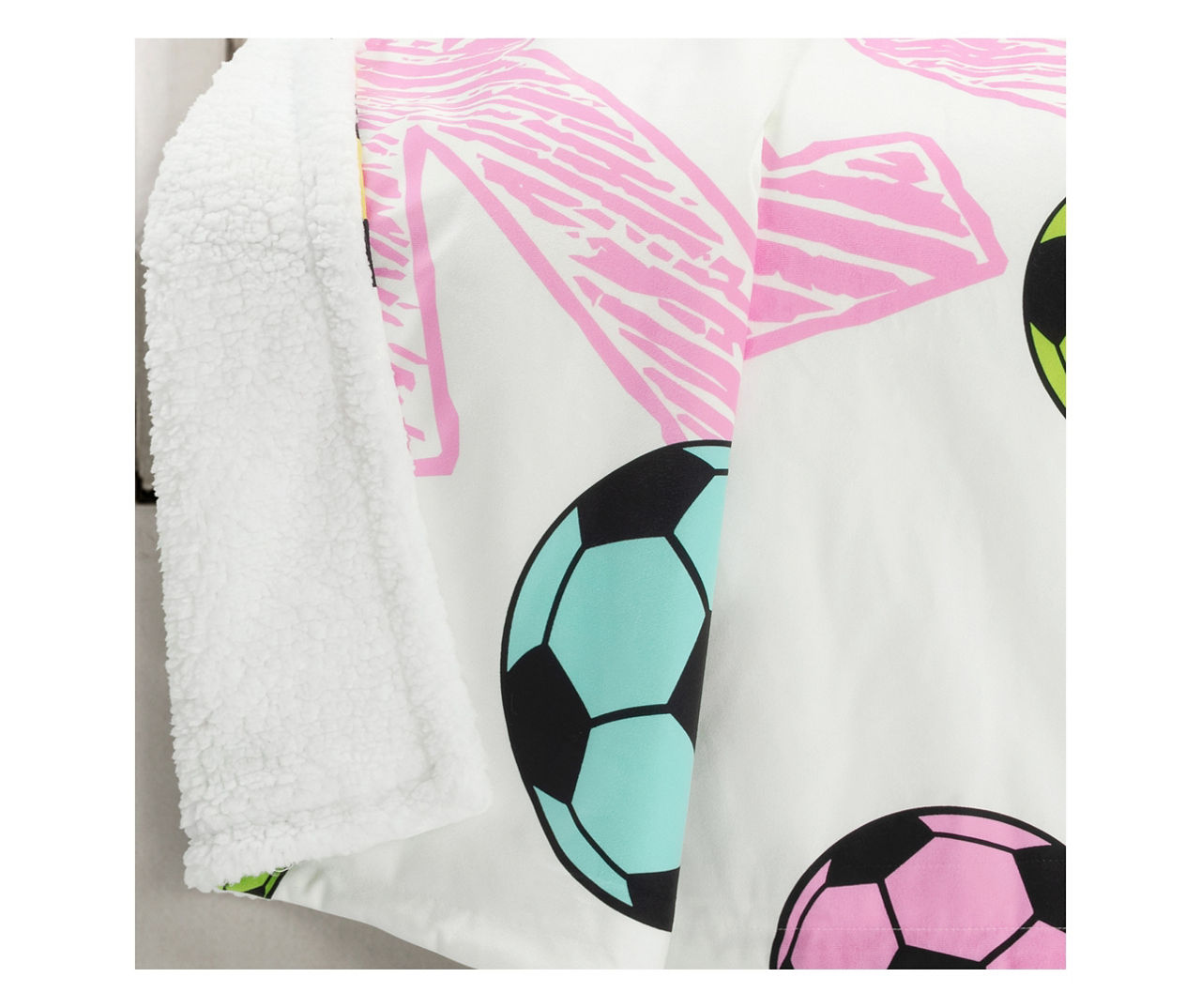 "Kick!" White & Pink Soccer Sherpa Throw, (50" x 60")