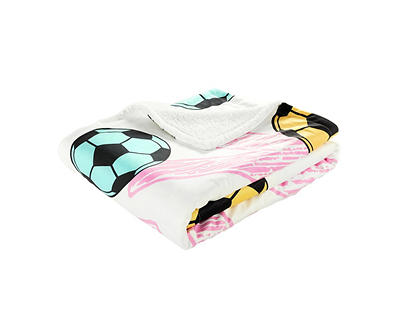 "Kick!" White & Pink Soccer Sherpa Throw, (50" x 60")