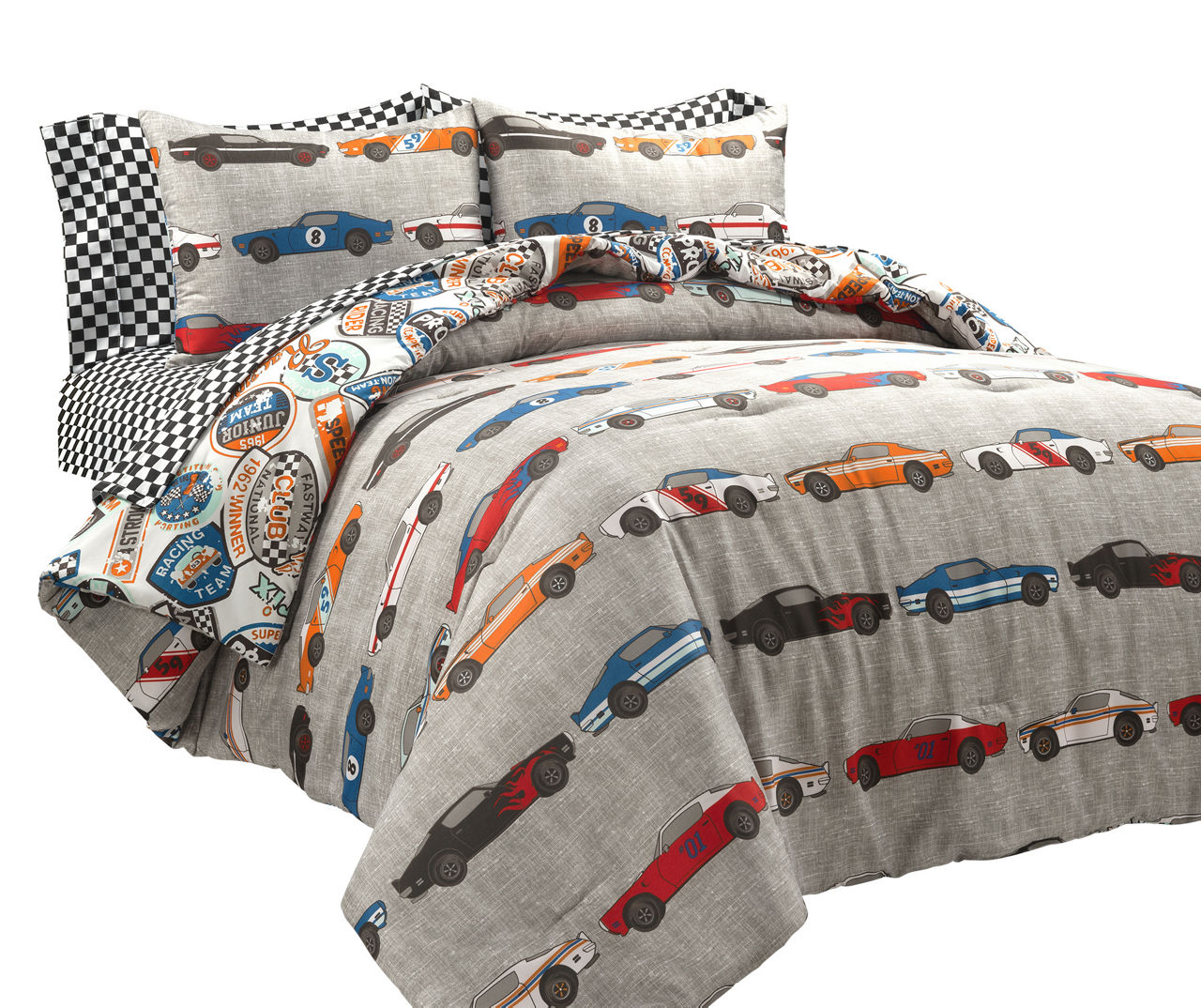 Beige Multi-Color Race Cars Twin 5-Piece Comforter Set