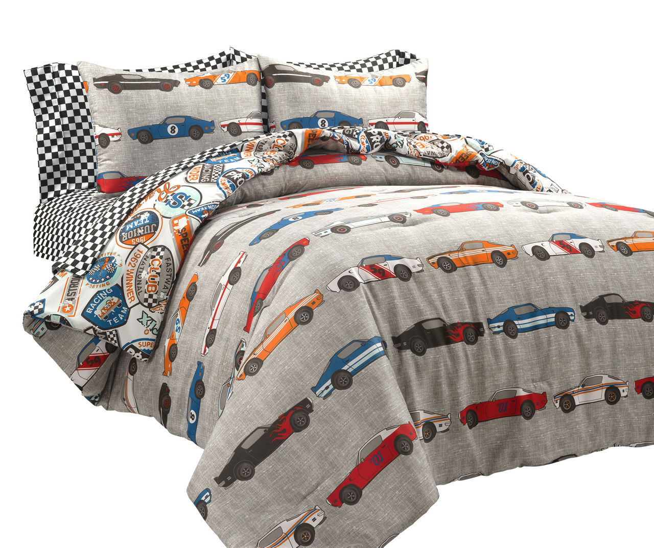 Beige Multi-Color Race Cars Full 7-Piece Comforter Set
