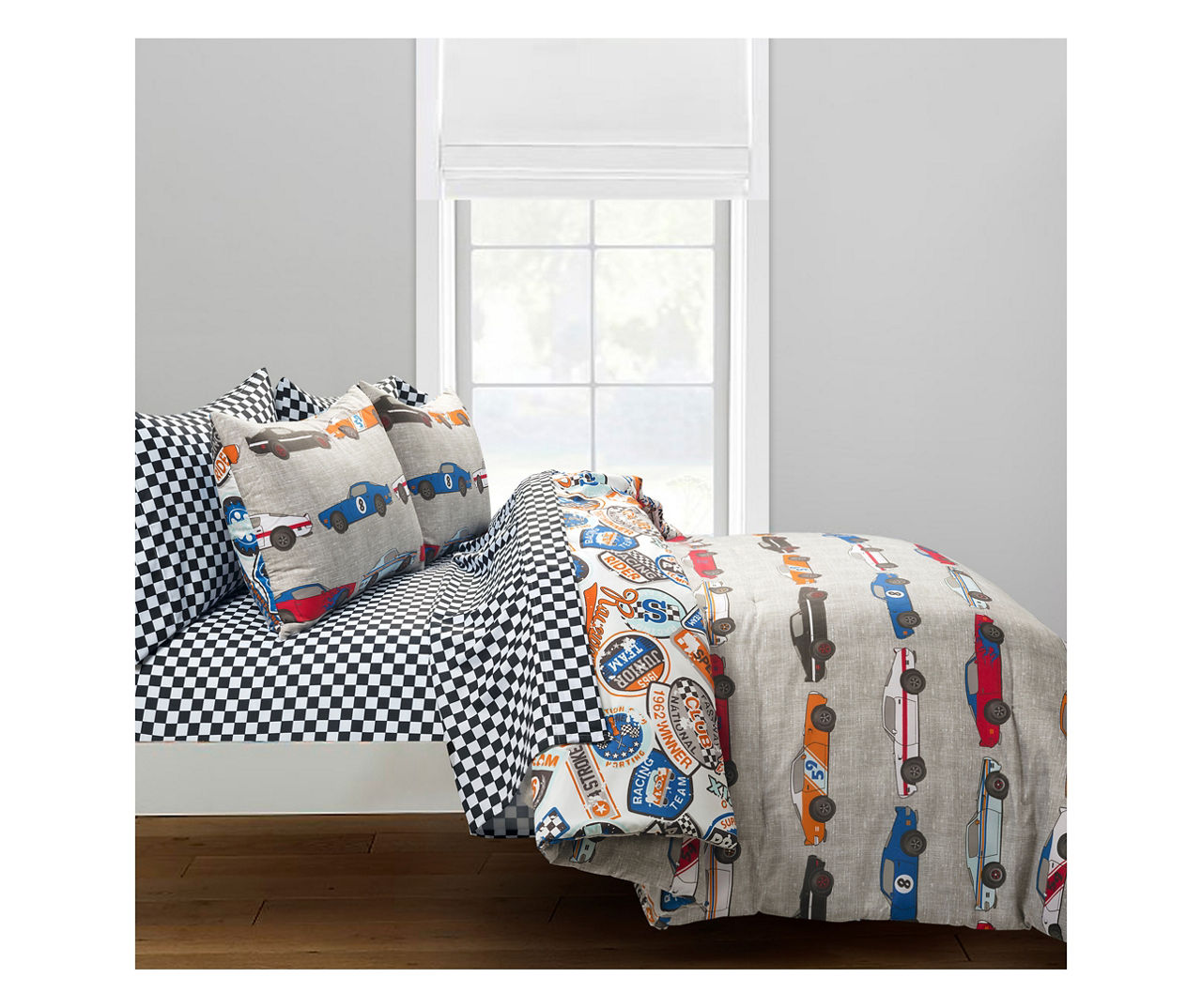 Beige Multi-Color Race Cars Full 7-Piece Comforter Set