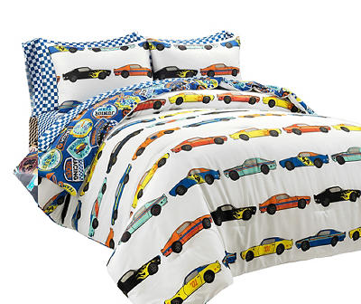 White Multi-Color Race Cars Full 7-Piece Comforter Set