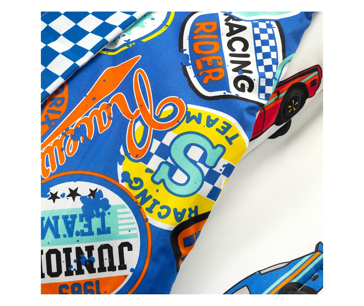 White Multi-Color Race Cars Full 7-Piece Comforter Set