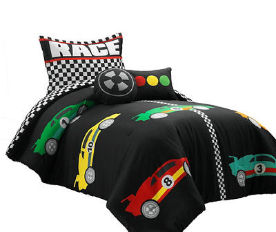 "Race" Black Racing Cars Reversible Twin 4-Piece Comforter Set