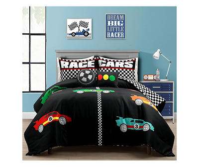 "Race" Black Racing Cars Reversible Full/Queen 5-Piece Comforter Set