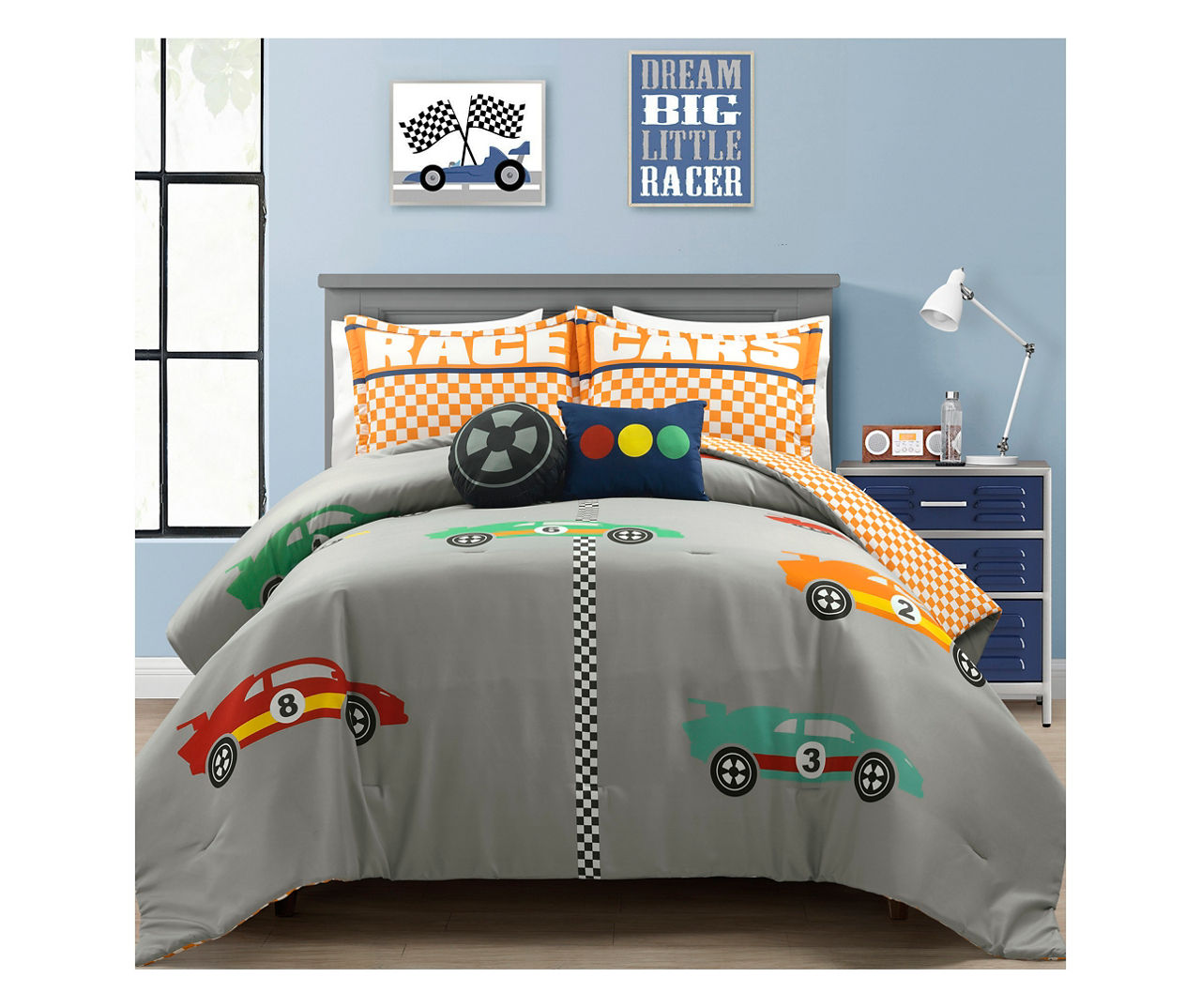 "Race" Gray & Orange Racing Cars Reversible Full/Queen 5-Piece Comforter Set