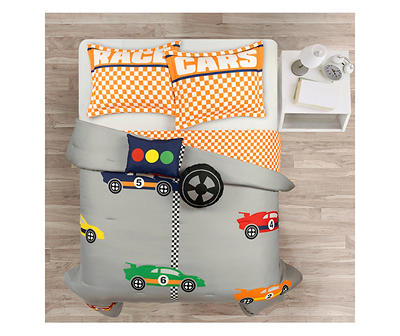 "Race" Gray & Orange Racing Cars Reversible Full/Queen 5-Piece Comforter Set