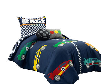 "Race" Navy Racing Cars Reversible Twin 4-Piece Comforter Set