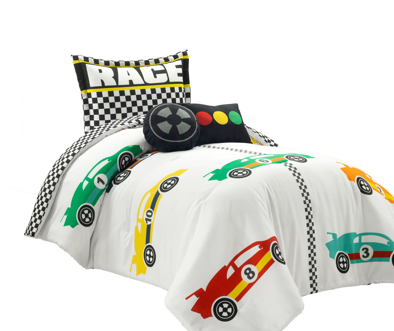 "Race" White Racing Cars Reversible Twin 4-Piece Comforter Set