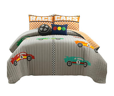 "Race" Gray Racing Cars Reversible Full/Queen 5-Piece Quilt Set