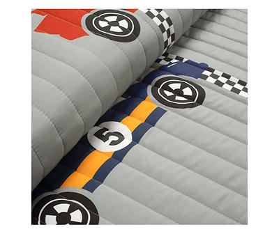 "Race" Gray Racing Cars Reversible Full/Queen 5-Piece Quilt Set