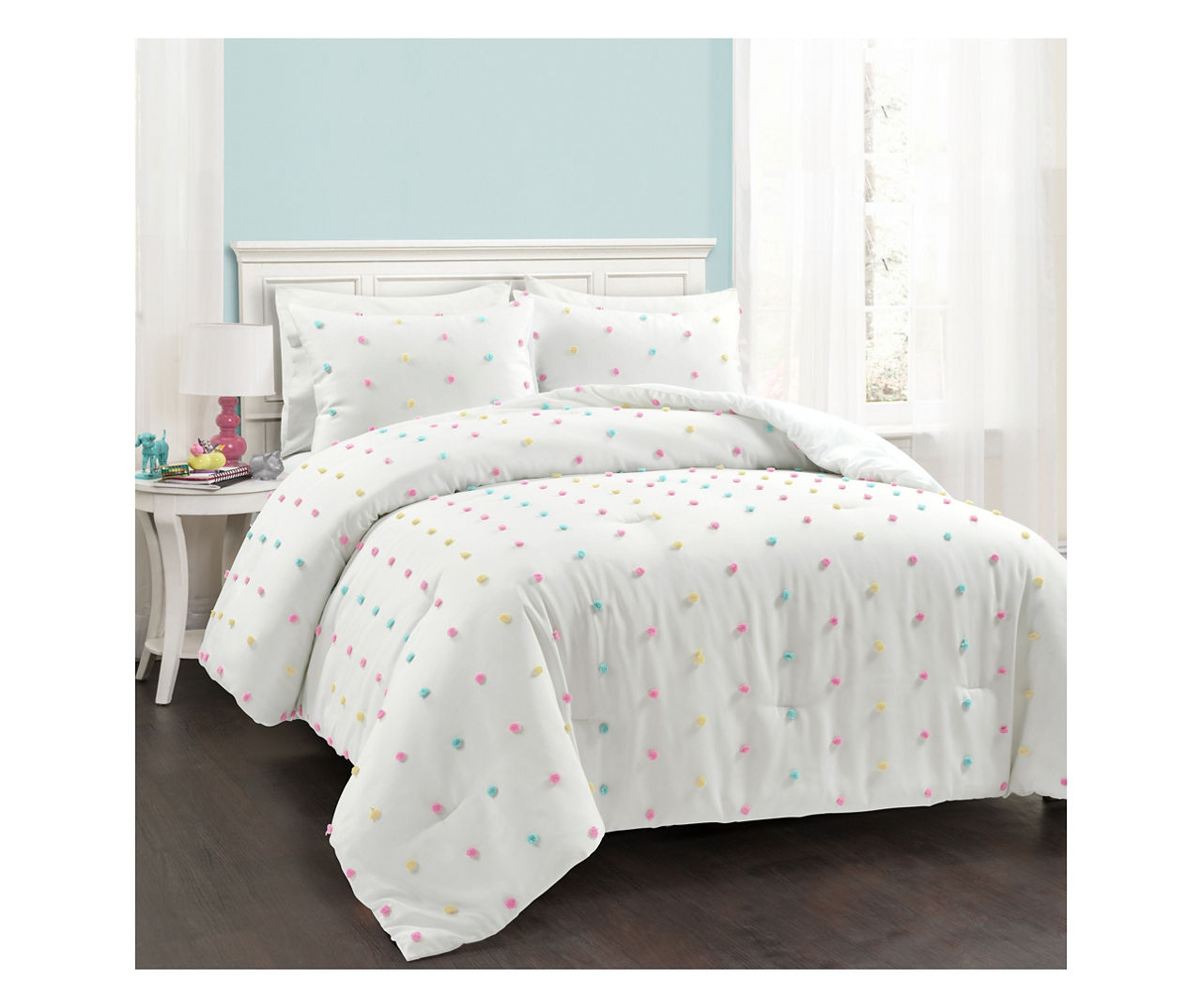 White & Rainbow Tufted Dot Full/Queen 3-Piece Comforter Set