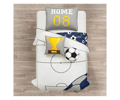 White & Navy Soccer Reversible Twin 4-Piece Quilt Set