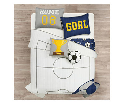 White & Navy Soccer Reversible Full/Queen 5-Piece Quilt Set