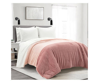 Farmhouse Dusty Rose Color Block Faux Fur Full/Queen 3-Piece Comforter Set