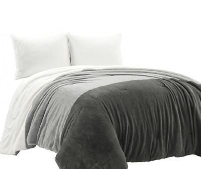 Farmhouse Light Gray Color Block Faux Fur Twin 2-Piece Comforter Set