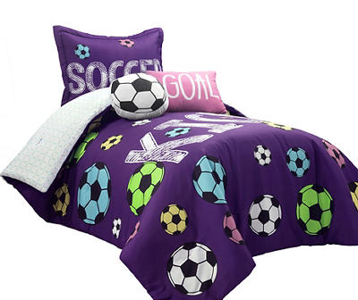 Purple Soccer Reversible Twin 4-Piece Comforter Set