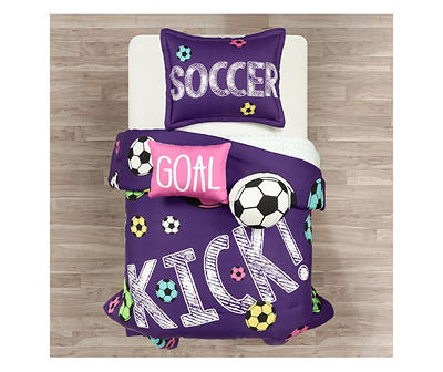 Purple Soccer Reversible Twin 4-Piece Comforter Set