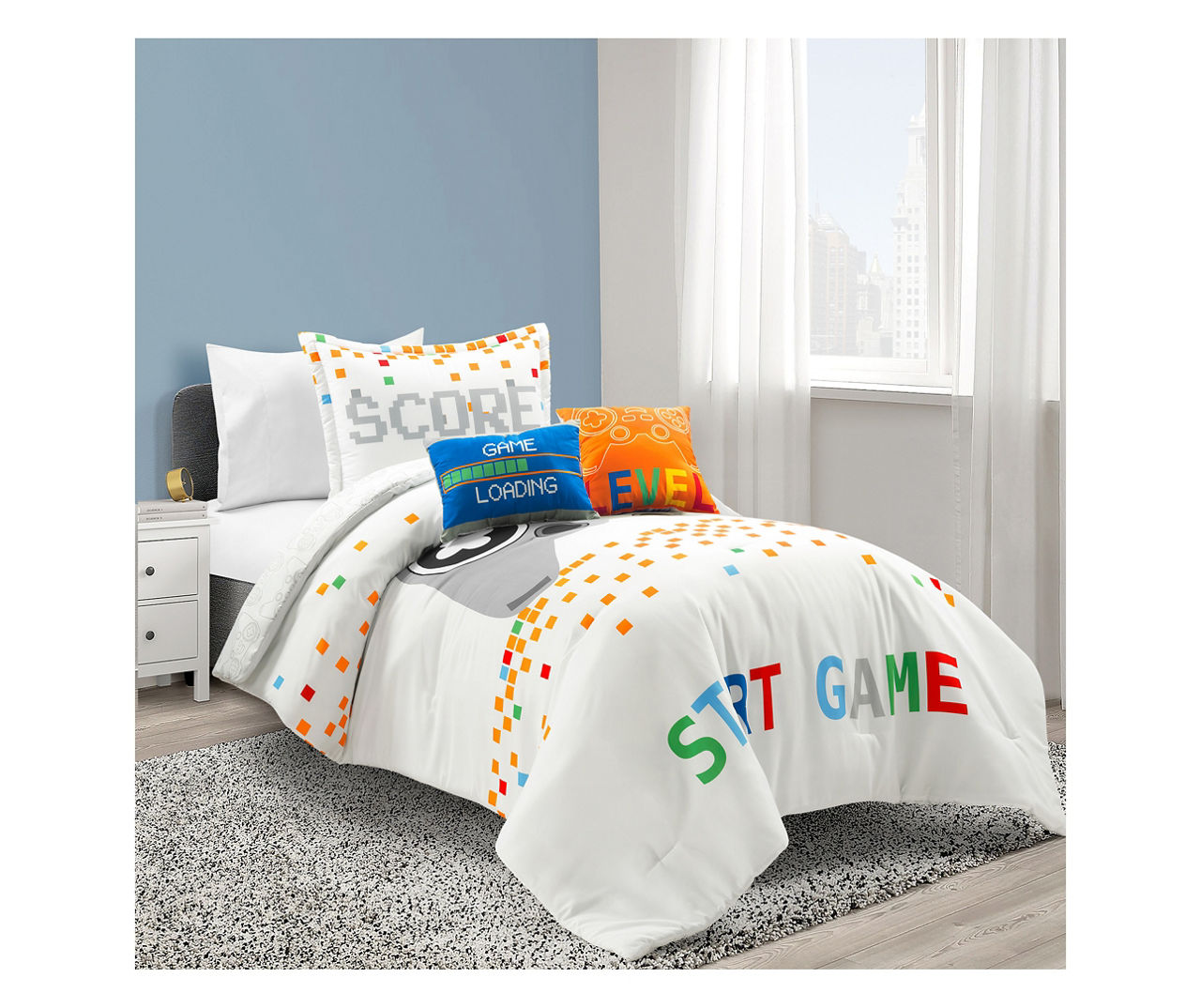 White & Orange Video Games Reversible Twin 4-Piece Comforter Set