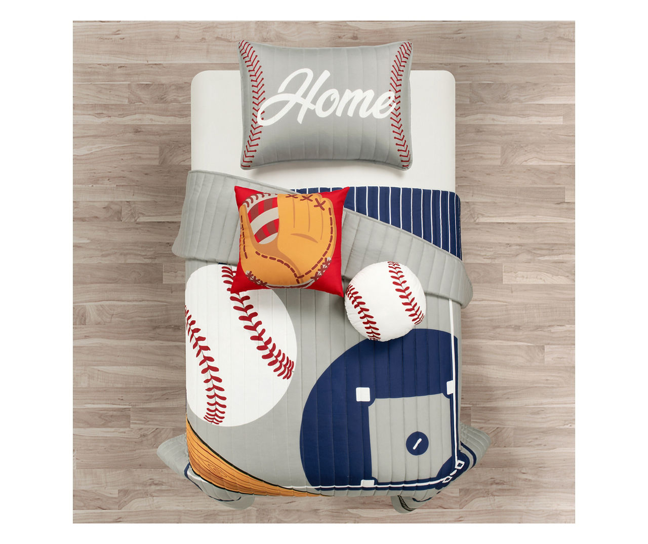 Gray & Navy Baseball Reversible Twin 4-Piece Quilt Set
