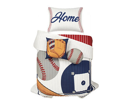 White & Red Baseball Reversible Twin 4-Piece Quilt Set