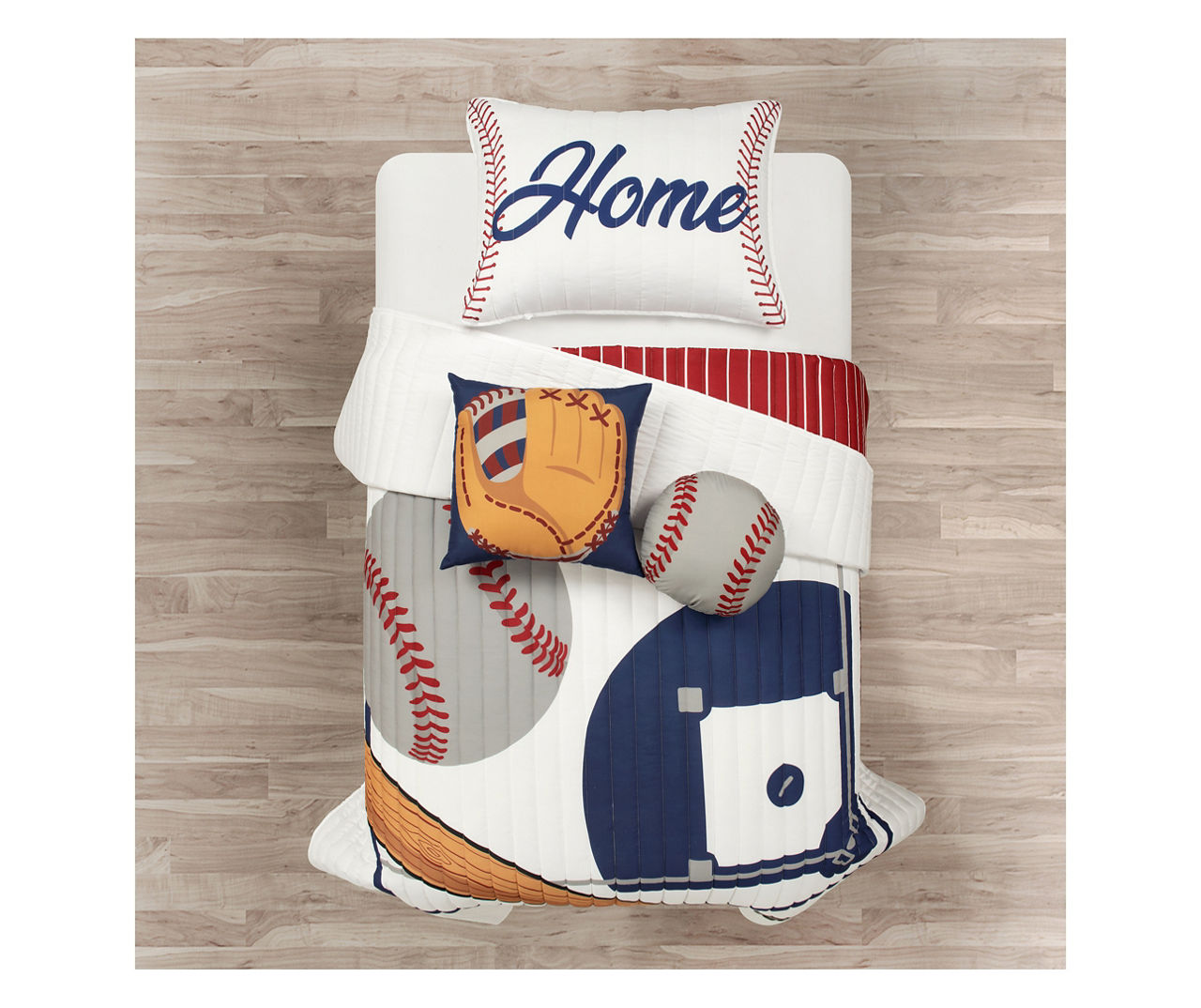 White & Red Baseball Reversible Twin 4-Piece Quilt Set