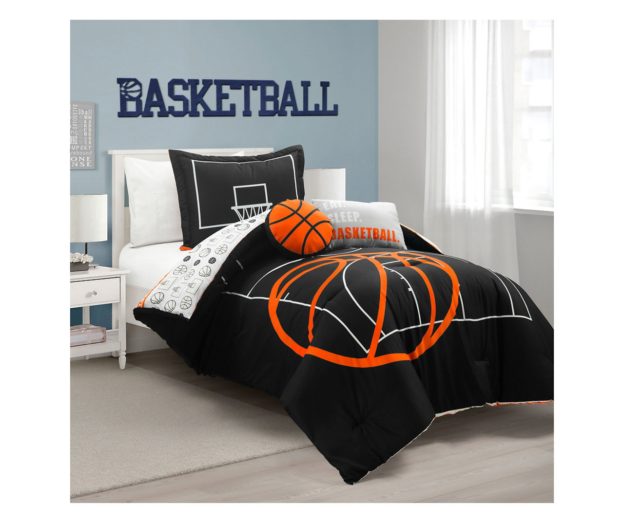 Black & Orange Basketball Reversible Twin 4-Piece Comforter Set