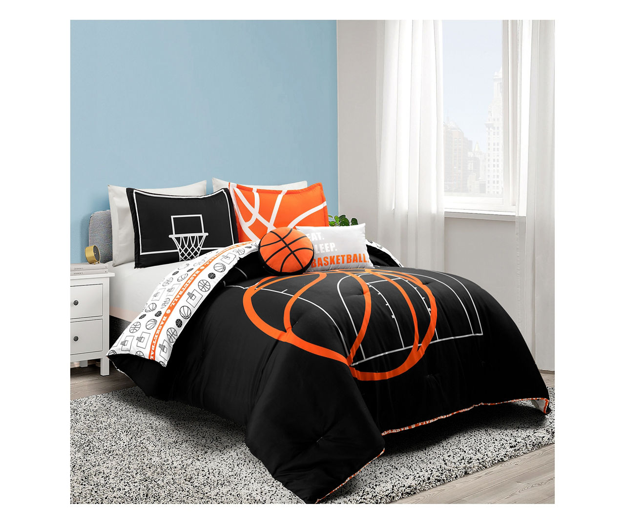 Black & Orange Basketball Reversible Full/Queen 5-Piece Comforter Set