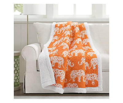 Orange & White Elephant Parade Quilted Sherpa Throw, (50" x 60")