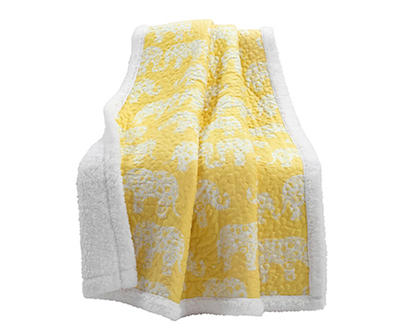 Yellow & White Elephant Parade Quilted Sherpa Throw, (50" x 60")