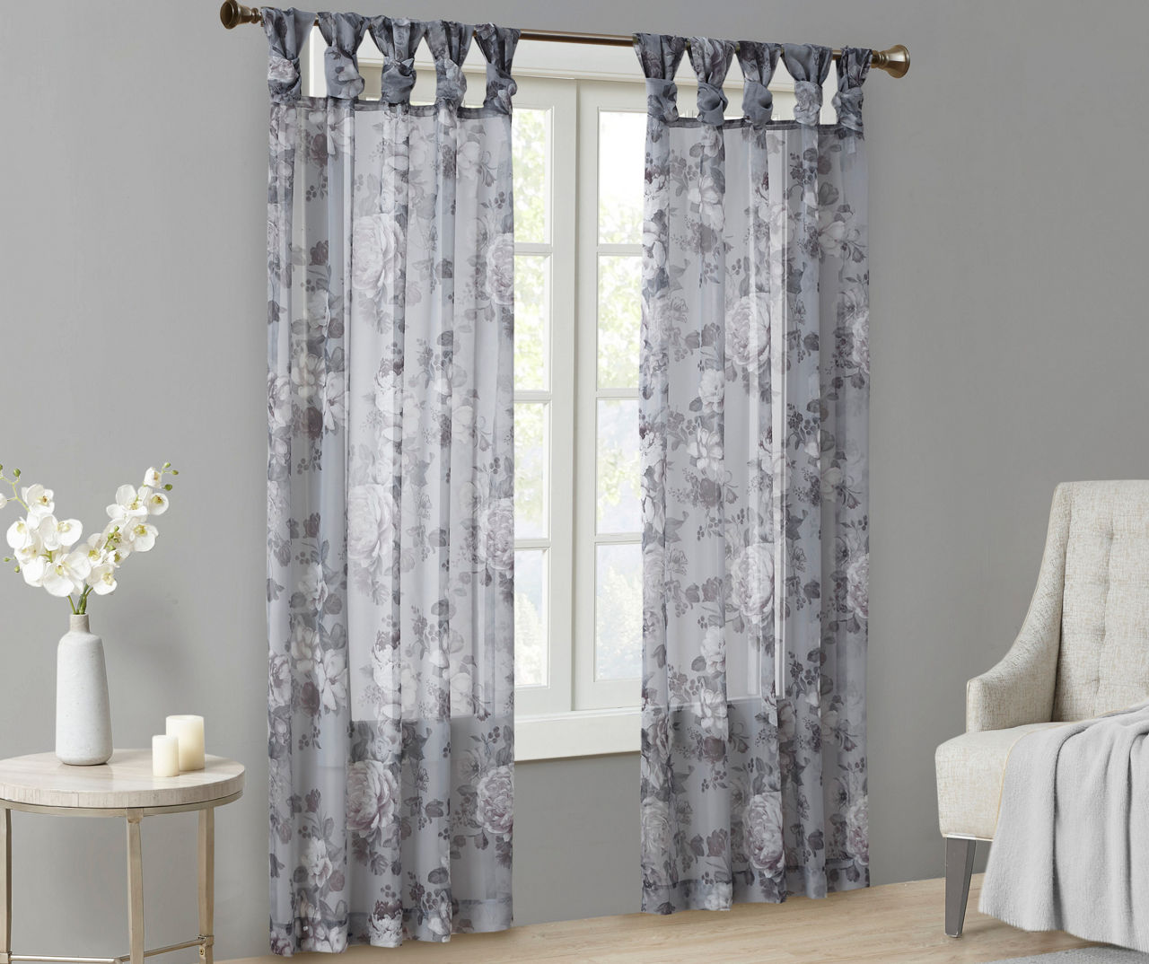 Fleur Gray Floral Tab-Top Voile Curtain Panel, (84")