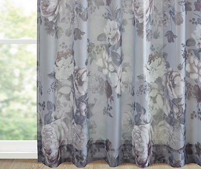 Fleur Gray Floral Tab-Top Voile Curtain Panel, (95")