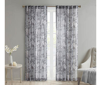 Fleur Gray Floral Rod Pocket Voile Curtain Panel, (95")