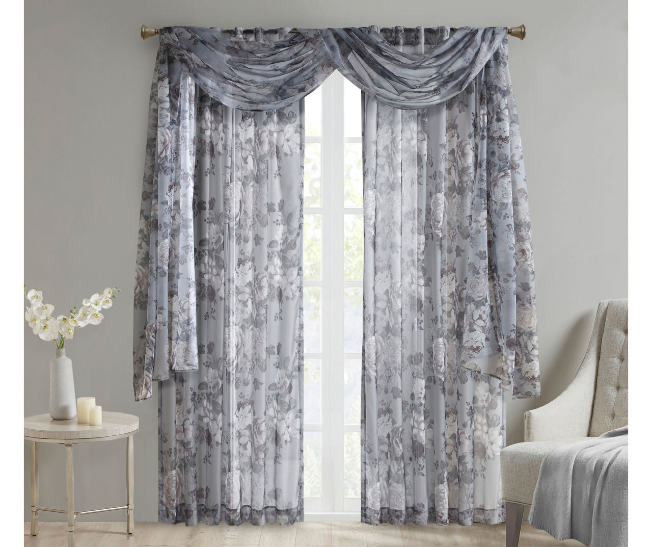 Fleur Gray Floral Rod Pocket Voile Curtain Panel, (84")