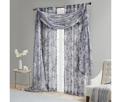 Fleur Gray Floral Rod Pocket Voile Curtain Panel, (84")
