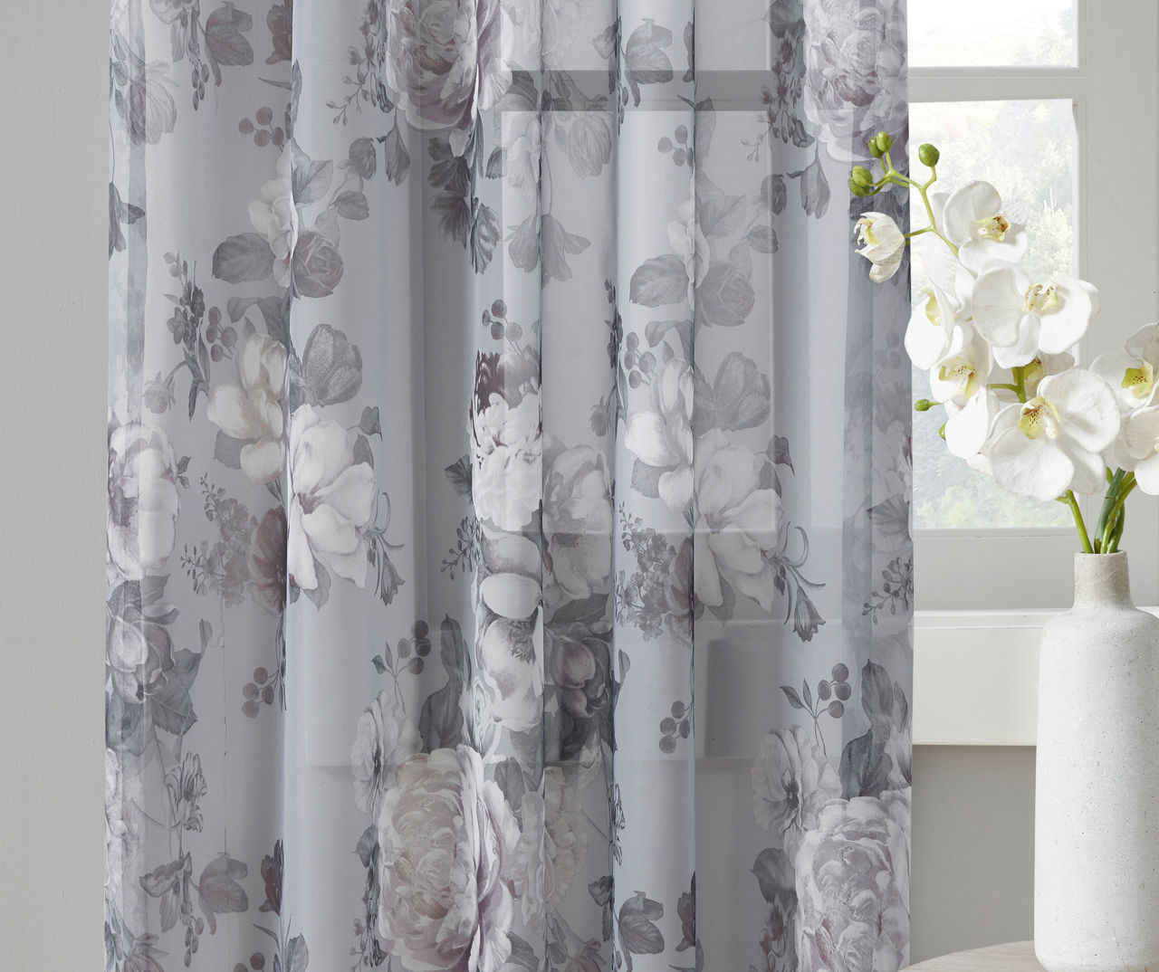 Fleur Gray Floral Rod Pocket Voile Curtain Panel, (84")