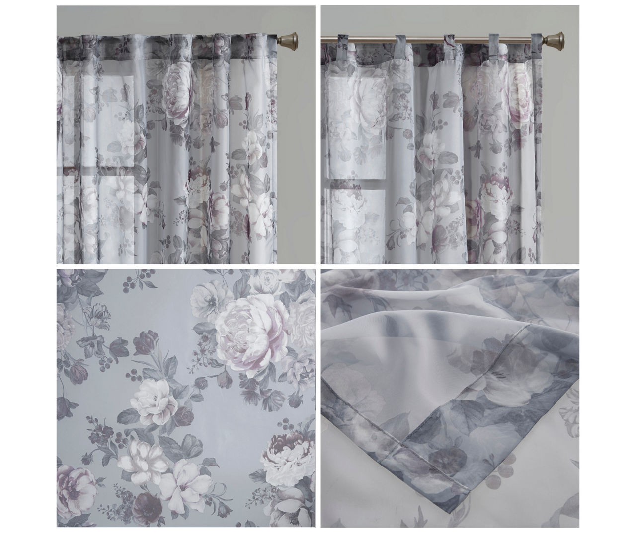 Fleur Gray Floral Rod Pocket Voile Curtain Panel, (84")