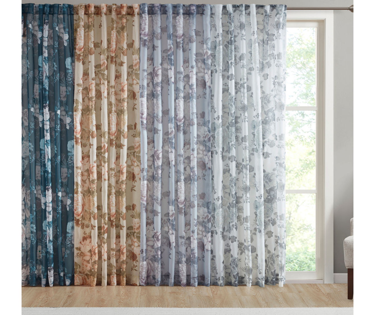 Fleur Gray Floral Rod Pocket Voile Curtain Panel, (84")